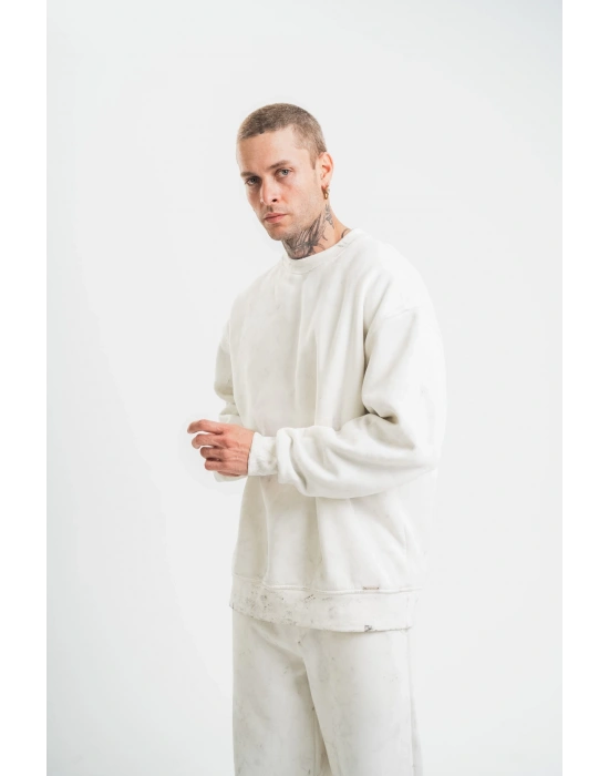 Unisex Uzun Kol Bisiklet Yaka Yıkamalı SweatShirt - Beyaz