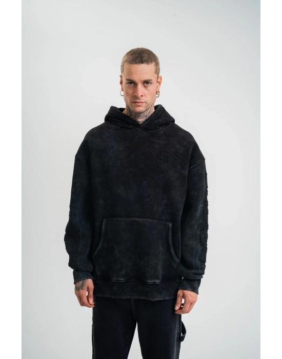 Unisex Uzun Kol Kapşonlu Yıkamalı Nakışlı SweatShirt - Siyah