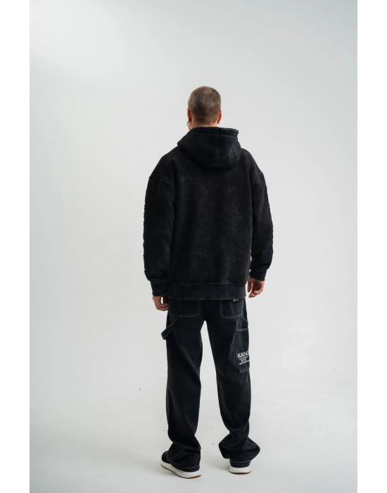 Unisex Uzun Kol Kapşonlu Yıkamalı Nakışlı SweatShirt - Siyah