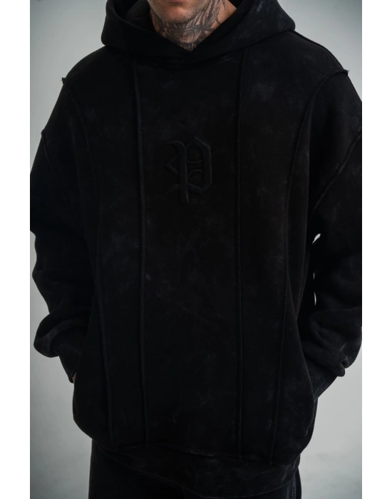 Unisex Uzun Kol Kapşonlu Yıkamalı Nakışlı SweatShirt - Siyah