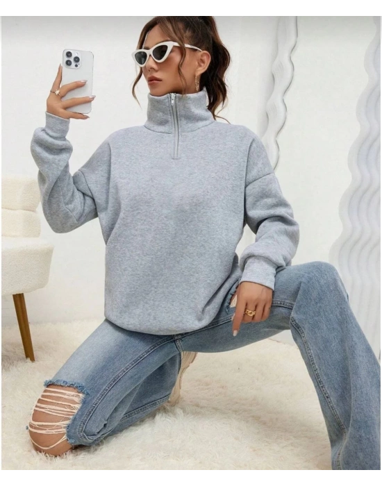 Unisex Uzun Kol Yarım Farmuarlı Yakalı Basic SweatShirt - Gri
