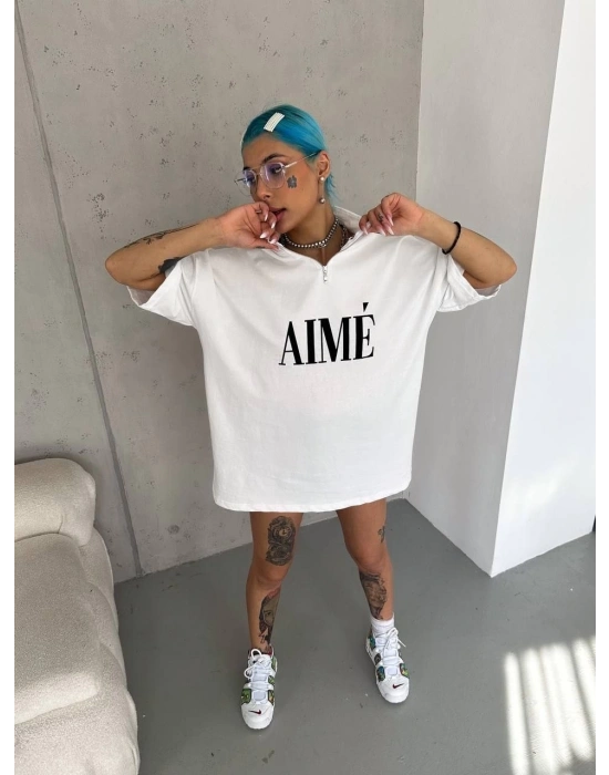 Unisex Yarım Fermuarlı Baskılı T-Shirt - Beyaz