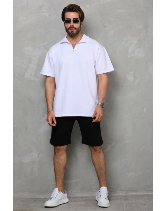 Unisex Yarım Fermuarlı Düz Oversize T-shirt - Beyaz