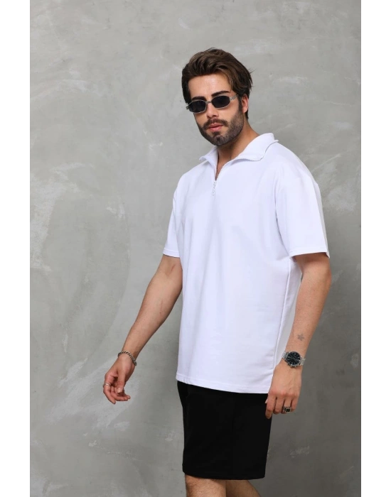 Unisex Yarım Fermuarlı Düz Oversize T-shirt - Beyaz