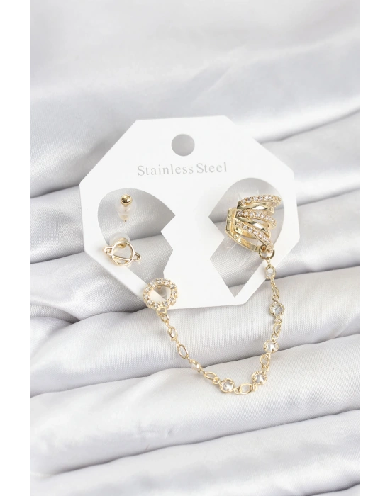 Uzay Model Pirinç Gold Renk Zincir Bağlantılı Ear Cuff Küpe Seti