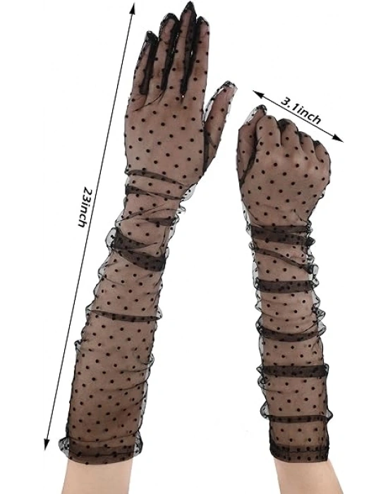 Uzun Boy Siyah Puantiyeli Siyah Renk Yetişkin Tül Eldiven 55 cm