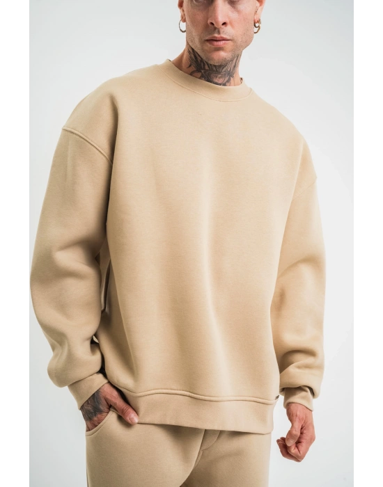 Uzun Kol Bisiklet Yaka Basic SweatShirt - Bej