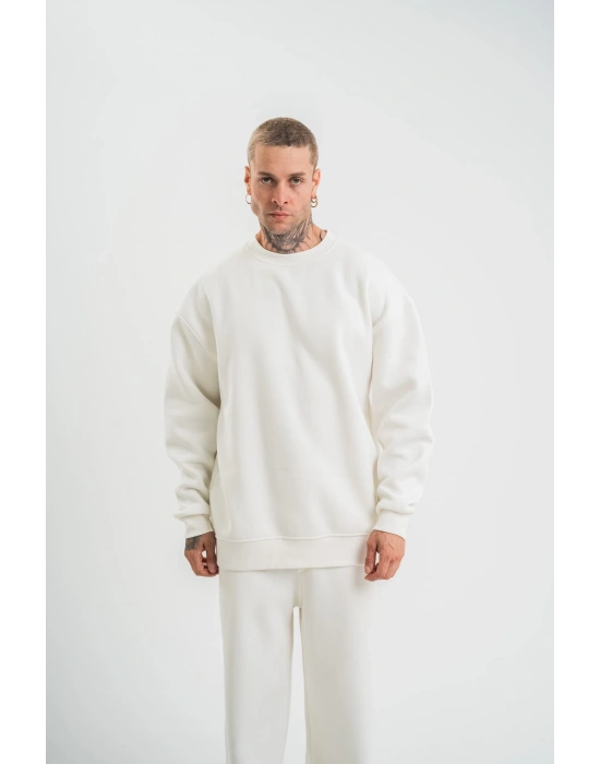 Uzun Kol Bisiklet Yaka Basic SweatShirt - Beyaz