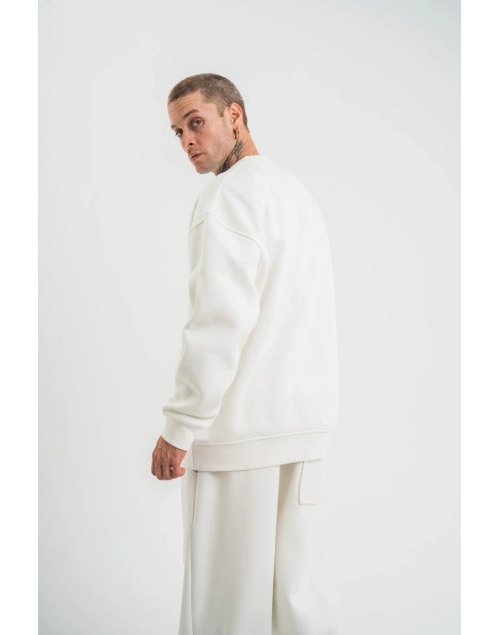 Uzun Kol Bisiklet Yaka Basic SweatShirt - Beyaz