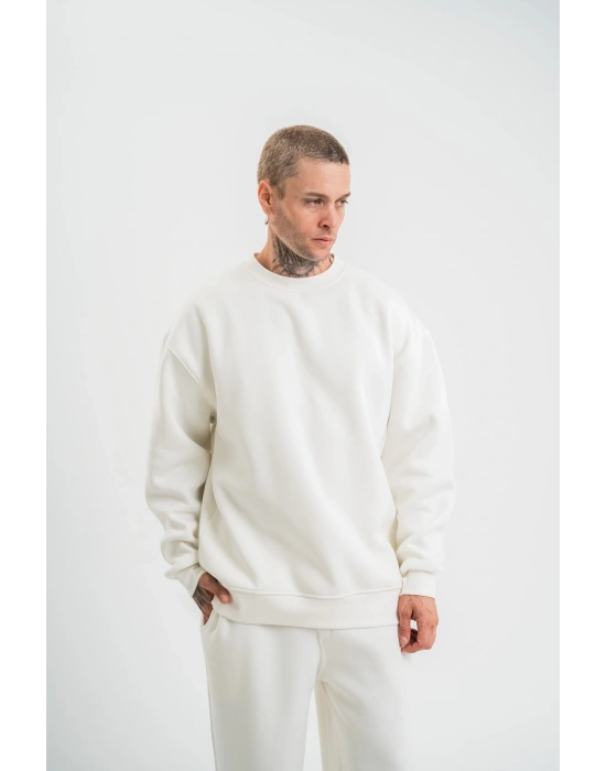 Uzun Kol Bisiklet Yaka Basic SweatShirt - Beyaz