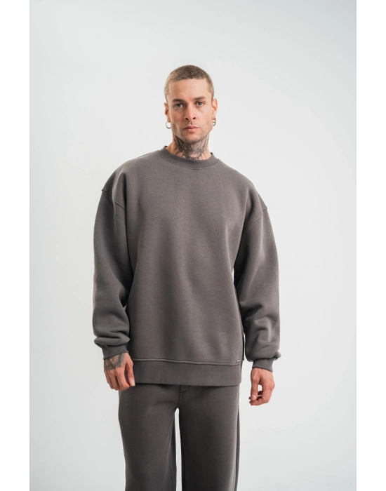 Uzun Kol Bisiklet Yaka Basic SweatShirt - Füme
