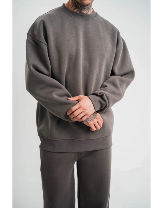 Uzun Kol Bisiklet Yaka Basic SweatShirt - Füme