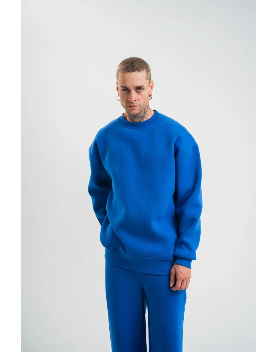 Uzun Kol Bisiklet Yaka Basic SweatShirt - Mavi