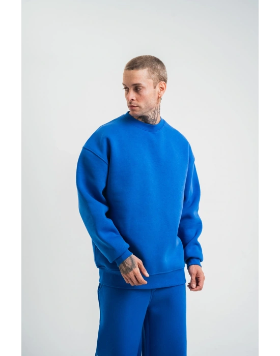 Uzun Kol Bisiklet Yaka Basic SweatShirt - Mavi