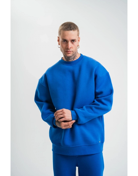 Uzun Kol Bisiklet Yaka Basic SweatShirt - Mavi