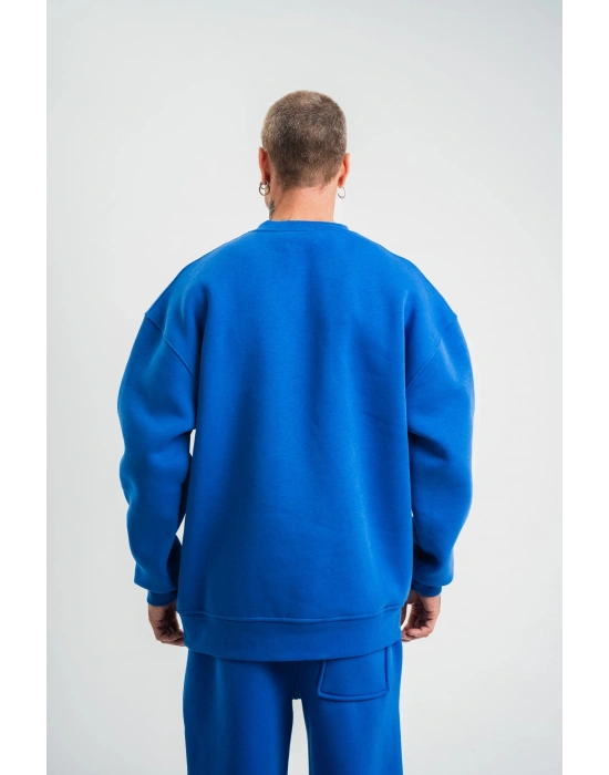 Uzun Kol Bisiklet Yaka Basic SweatShirt - Mavi