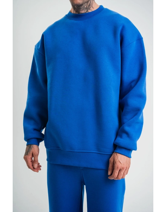 Uzun Kol Bisiklet Yaka Basic SweatShirt - Mavi