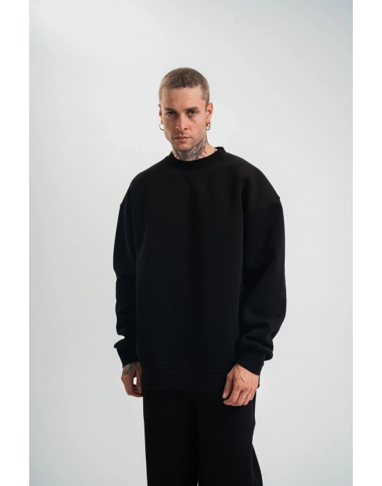 Uzun Kol Bisiklet Yaka Basic SweatShirt - Siyah