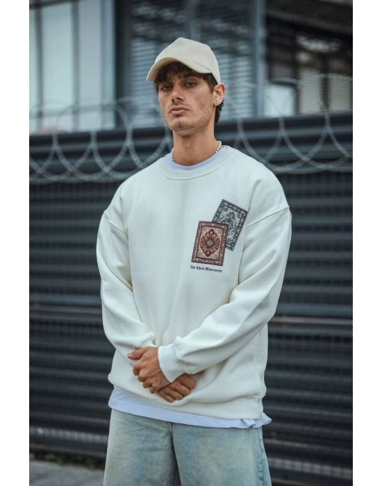 Uzun Kol Bisiklet Yaka Baskılı SweatShirt - Beyaz