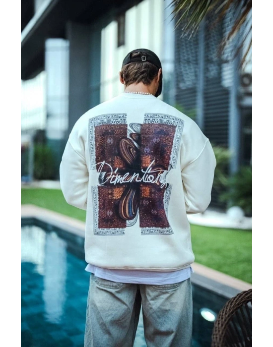 Uzun Kol Bisiklet Yaka Ön ve Arka Baskılı SweatShirt - Beyaz