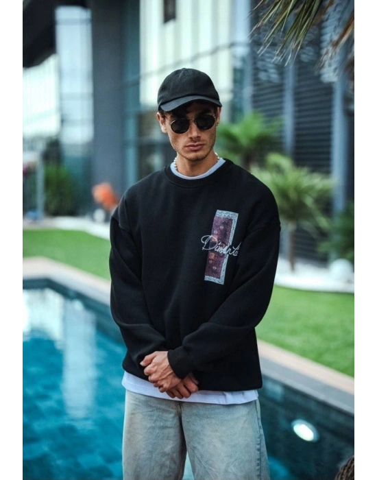 Uzun Kol Bisiklet Yaka Ön ve Arka Baskılı SweatShirt - Siyah