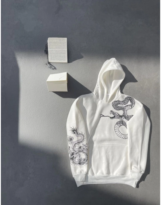 Uzun Kol Kapüşonlu Baskılı SweatShirt - Beyaz