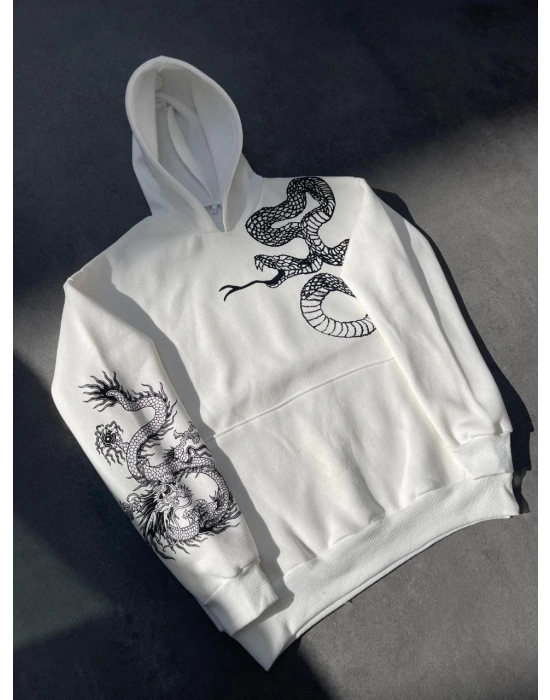 Uzun Kol Kapüşonlu Baskılı SweatShirt - Beyaz