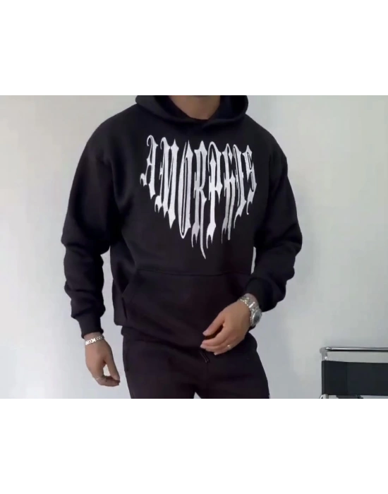 Uzun Kol Kapüşonlu Baskılı SweatShirt - Siyah