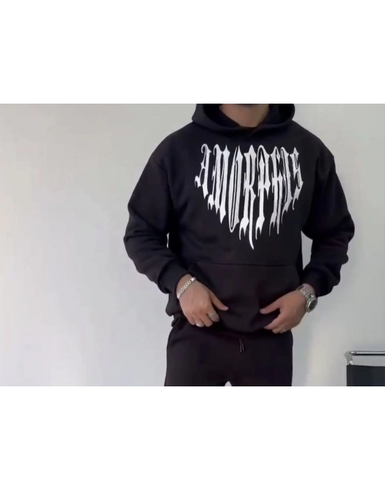 Uzun Kol Kapüşonlu Baskılı SweatShirt - Siyah