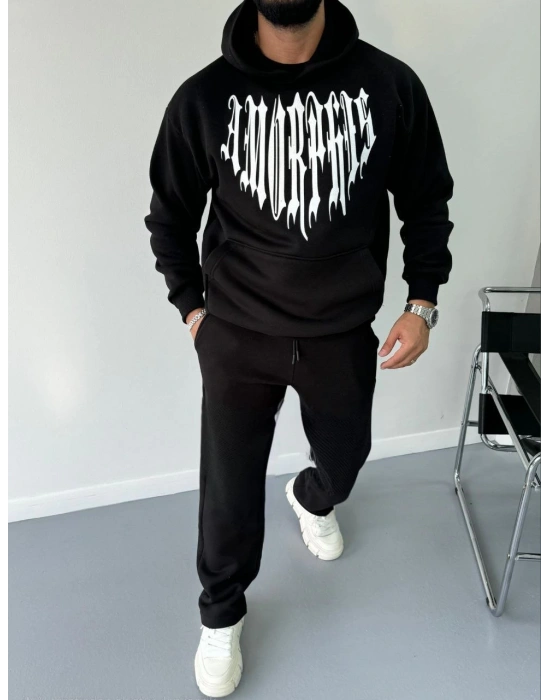 Uzun Kol Kapüşonlu Baskılı SweatShirt - Siyah