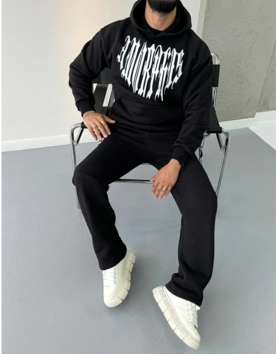 Uzun Kol Kapüşonlu Baskılı SweatShirt - Siyah