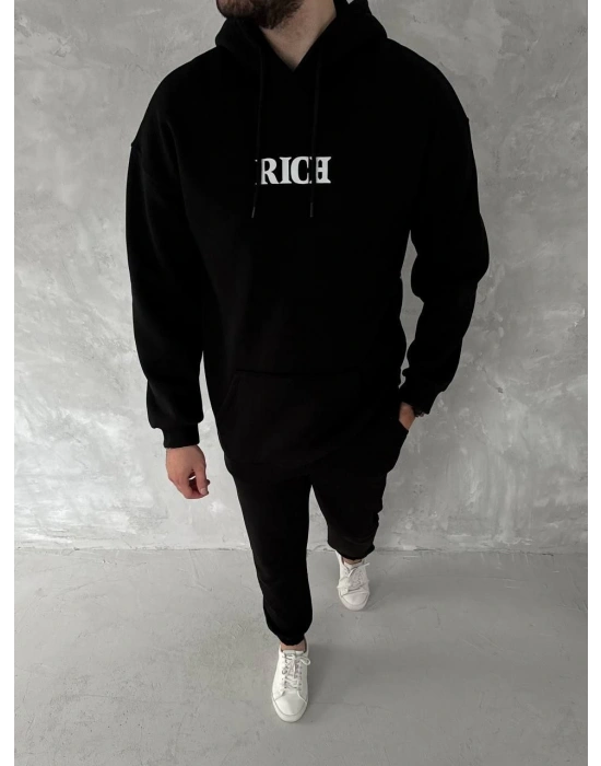 Uzun Kol Kapüşonlu Göğüs Baskılı SweatShirt - Siyah