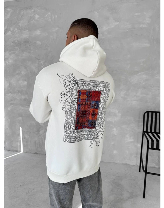 Uzun Kol Kapüşonlu Ön Ve Arka Baskılı SweatShirt - Beyaz