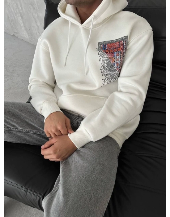 Uzun Kol Kapüşonlu Ön Ve Arka Baskılı SweatShirt - Beyaz