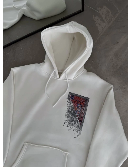 Uzun Kol Kapüşonlu Ön Ve Arka Baskılı SweatShirt - Beyaz