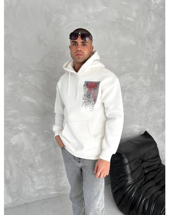 Uzun Kol Kapüşonlu Ön Ve Arka Baskılı SweatShirt - Beyaz