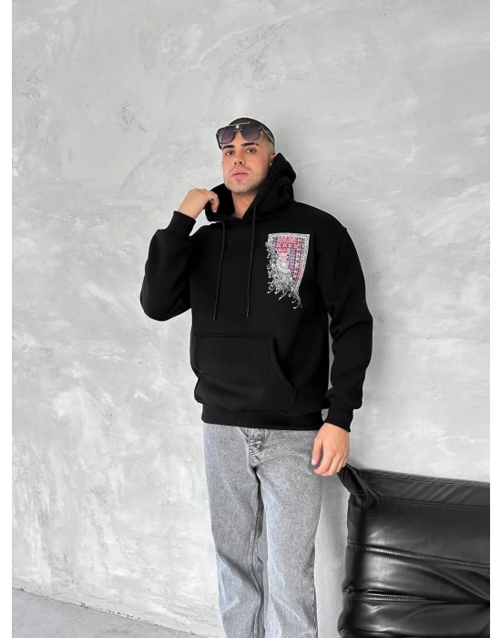 Uzun Kol Kapüşonlu Ön Ve Arka Baskılı SweatShirt - Siyah