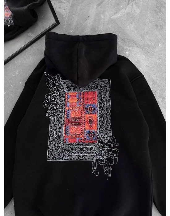 Uzun Kol Kapüşonlu Ön Ve Arka Baskılı SweatShirt - Siyah