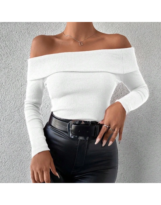 Uzun kol madonna yaka bluz beyaz