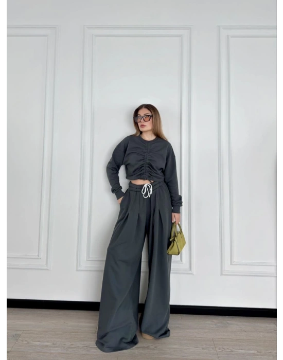 Uzun Kollu Önü İp Büzgülü Crop ve Pantolon İkili Takım - Antrasit