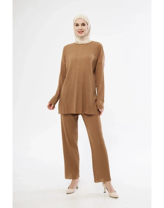 Uzun Kollu Organik Yıkanmış Kumaş Fitilli Pantolonlu Takım - Kahve