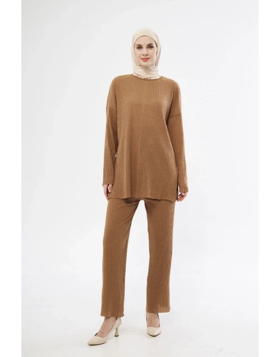 Uzun Kollu Organik Yıkanmış Kumaş Fitilli Pantolonlu Takım - Kahve