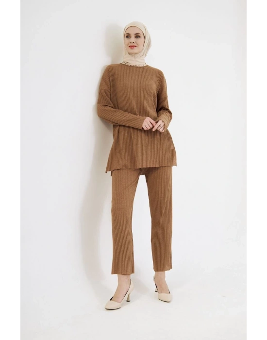 Uzun Kollu Organik Yıkanmış Kumaş Fitilli Pantolonlu Takım - Kahve