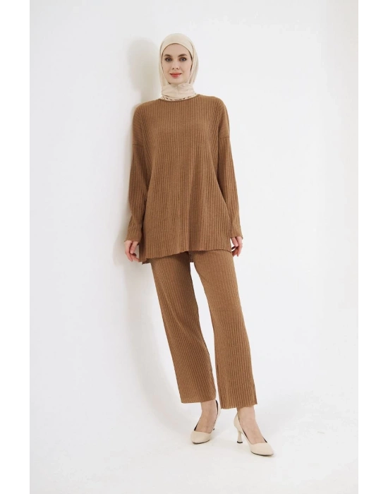 Uzun Kollu Organik Yıkanmış Kumaş Fitilli Pantolonlu Takım - Kahve