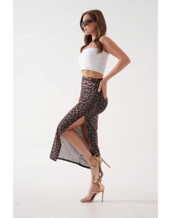 Uzun yırtmaçlı ince kumaş etek leopar