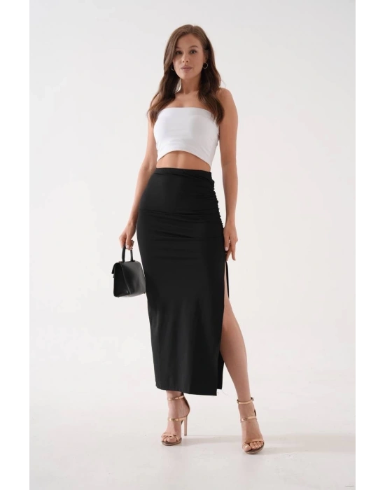 Uzun yırtmaçlı ince kumaş etek siyah