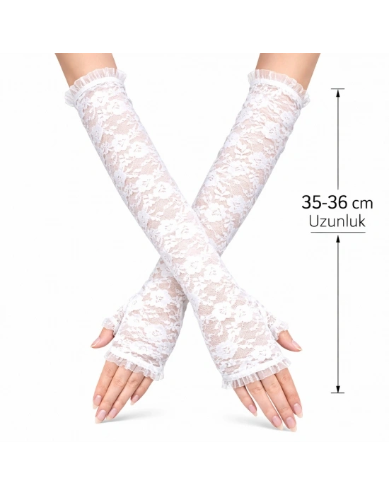 Uzun Zarif Dantel Eldiven Parmaksız Beyaz 35 cm