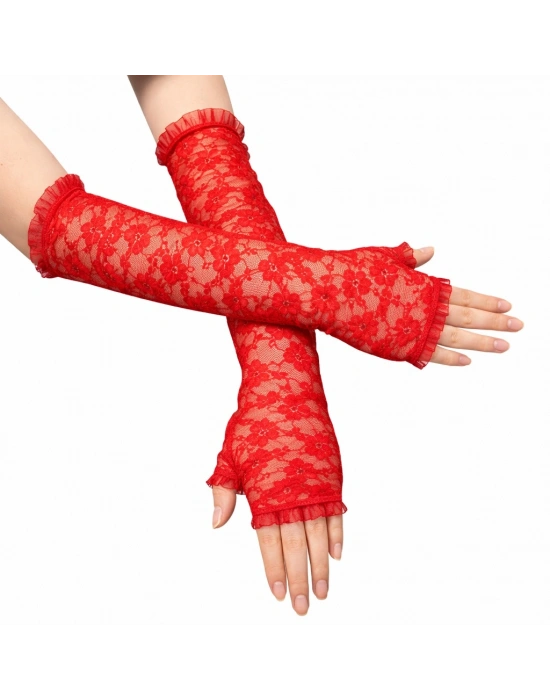 Uzun Zarif Dantel Eldiven Parmaksız Kırmızı 35 cm