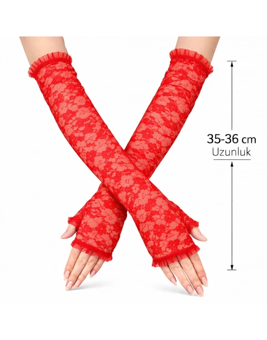 Uzun Zarif Dantel Eldiven Parmaksız Kırmızı 35 cm