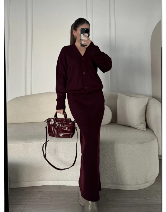 V Yaka 3 Düğmeli Hırka Takım Triko İkili Etekli - Bordo